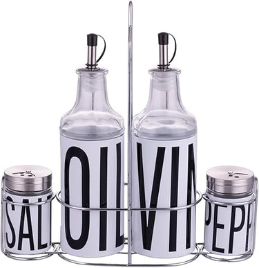 Villa d'Este Home Tivoli Set de condimento de aceite, vinagre, sal y pimienta de vidrio y acero inoxidable, soporte de hierro, blanco, Bigismore